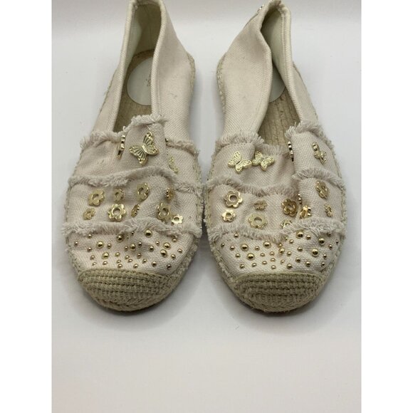 Michael Kors Tan Canvas Espadrilles Flats w/ Butterly & Floral Studs, Size 9.5 - Picture 4 of 9